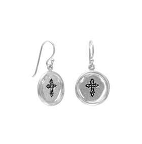 Rhodium Plated Stamped Cross Earrings