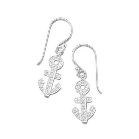 Rhodium Plated CZ Anchor Earrings