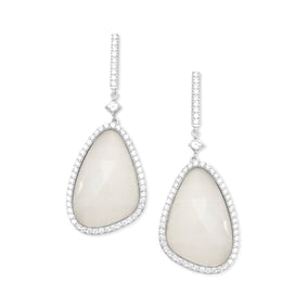 Rhodium Plated White Jade Drop Earrings with CZ Edge