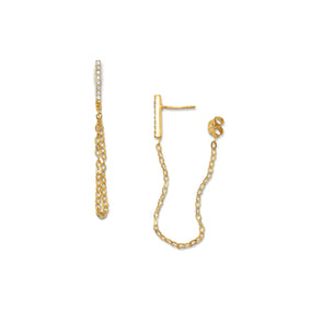 14 Karat Gold Plated CZ Bar Post Chain Drop Earrings