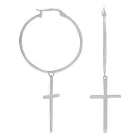 Rhodium Plated Cross Charm Hoop Earrings