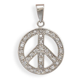 Rhodium Plated CZ Peace Sign Pendant