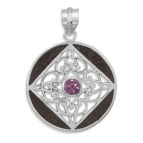 Wood Inlay Pendant with Amethyst