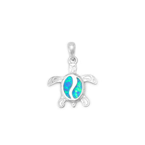 Rhodium Plated Turtle Pendant with Inlay Synthetic Opal