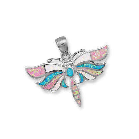 Rhodium Plated Multicolor Synthetic Opal Butterfly Pendant