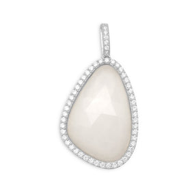 Rhodium Plated White Jade Pendant with CZ Edge