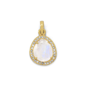 14 Karat Gold Plated Rainbow Moonstone and Gray Diamond Pendant