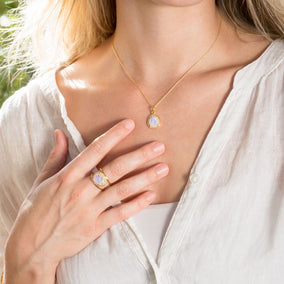 14 Karat Gold Plated Rainbow Moonstone and Gray Diamond Pendant