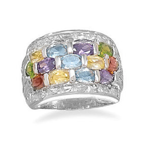 Rhodium Plated 3 Row Multicolor/ 2 Row Clear CZ Ring