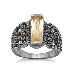 Yellow CZ Bar and Marcasite Ring