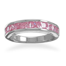 Rhodium Plated 10 Square Pink CZs Ring