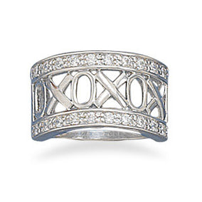 Rhodium Plated "XOXO" with CZ Edge Ring