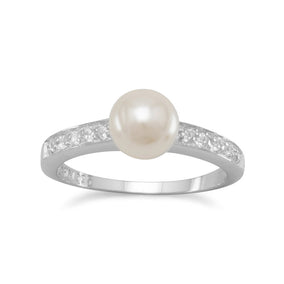Rhodium Plated CZ and Simulated Pearl Ring