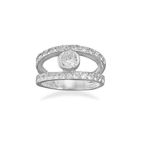 Rhodium Plated 2 Row CZ Ring with 6mm Bezel CZ Center