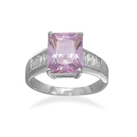 Rhodium Plated Emerald Cut Lavender and Clear CZ Ring