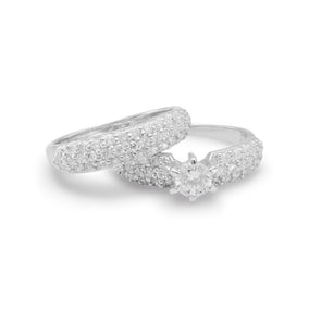 Rhodium Plated 2 Piece Pave with 5mm Center CZ Ring Set
