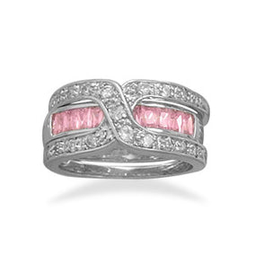 Rhodium Plated 2 Ring Set with Pink CZ Band and "X" Shape Clear CZ Band