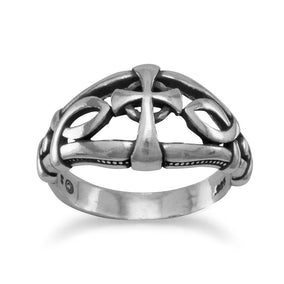 Ichthys and Cross Design Oxidized Ring