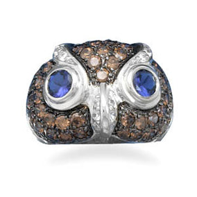 Rhodium Plated CZ Owl Face Ring