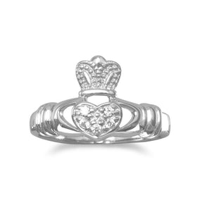 Rhodium Plated CZ Claddagh Ring