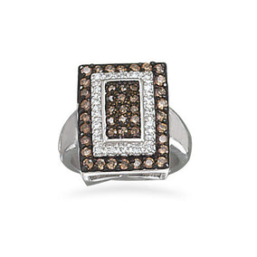 Rhodium Plated Rectangle Chocolate and Clear CZ Ring
