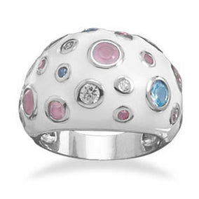 Domed White Enamel and Glass Ring