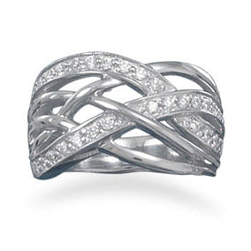 Rhodium Plated and CZ Woven Pattern Ring