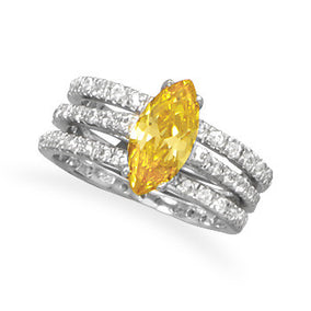 Rhodium Plated Yellow CZ Three Ring Set