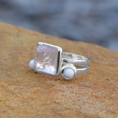Freeform Faceted Square Rose Quartz Stackable Ring