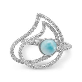 Rhodium Plated Abstract Ring with Larimar and CZs