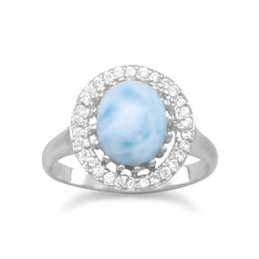 Rhodium Plated Oval Larimar and CZ Ring