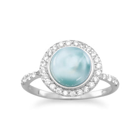 Rhodium Plated Round Larimar and CZ Ring