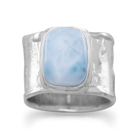 Rhodium Plated Textured Larimar Ring
