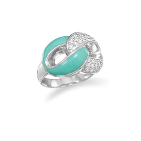Rhodium Plated CZ and Reconstituted Turquoise Link Design Ring