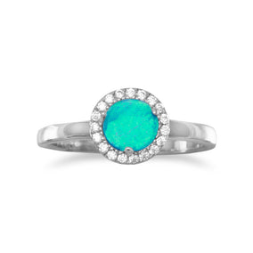 Rhodium Plated Synthetic Blue Opal and CZ Ring