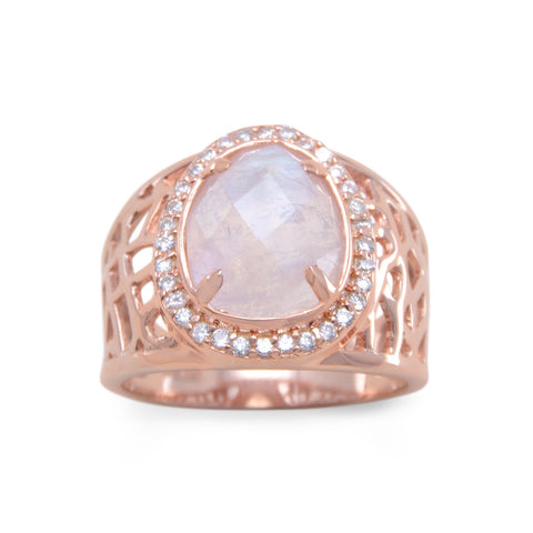 14 Karat Rose Gold Plated Large Rainbow Moonstone Ring