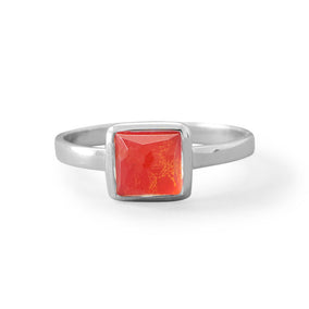 Small Square Freeform Faceted Quartz over Reconstituted Coral Stackable Ring