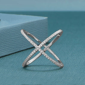 Rhodium Plated Criss Cross 'X' Ring with Signity CZs