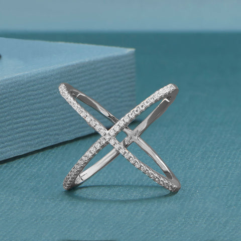 Rhodium Plated Criss Cross 'X' Ring with Signity CZs