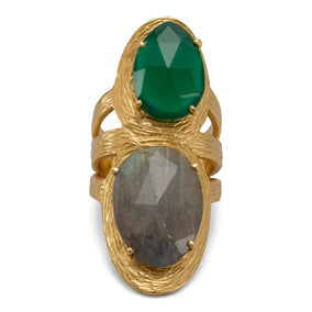 Beautiful 14 Karat Gold Plated Ring with Labradorite and Green Onyx