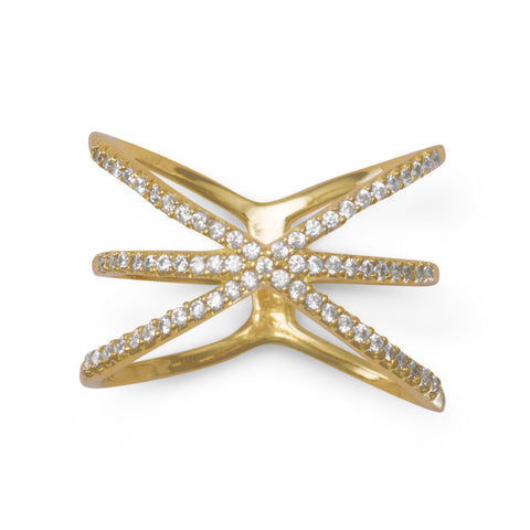 18 Karat Gold Plated Triple Row Criss Cross "X" CZ Ring