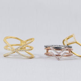 18 Karat Rose Gold Plated Double Row CZ "V" Ring