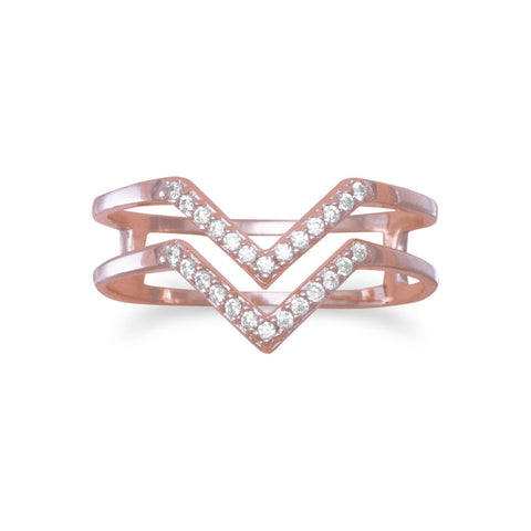 18 Karat Rose Gold Plated Double Row CZ "V" Ring