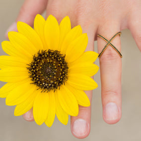18 Karat Gold Plated Criss Cross 'X' Ring with Black CZs
