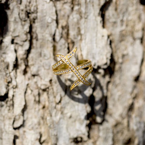 14 Karat Gold Plated Three Row Design CZ Ring