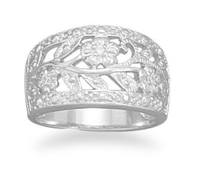 Wide Floral Design CZ Ring