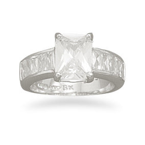 Rhodium Plated Ring with Emerald Cut CZ and Baguette Sides