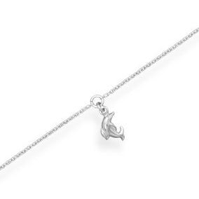 9" + 1" Rhodium Plated Puffed Dolphin Charm Anklet