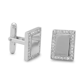 Rhodium Plated Rectangular Cuff Links with CZ Edge