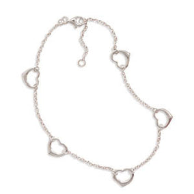 9"+1" Extension Rhodium Plated Anklet with Cut Out Hearts